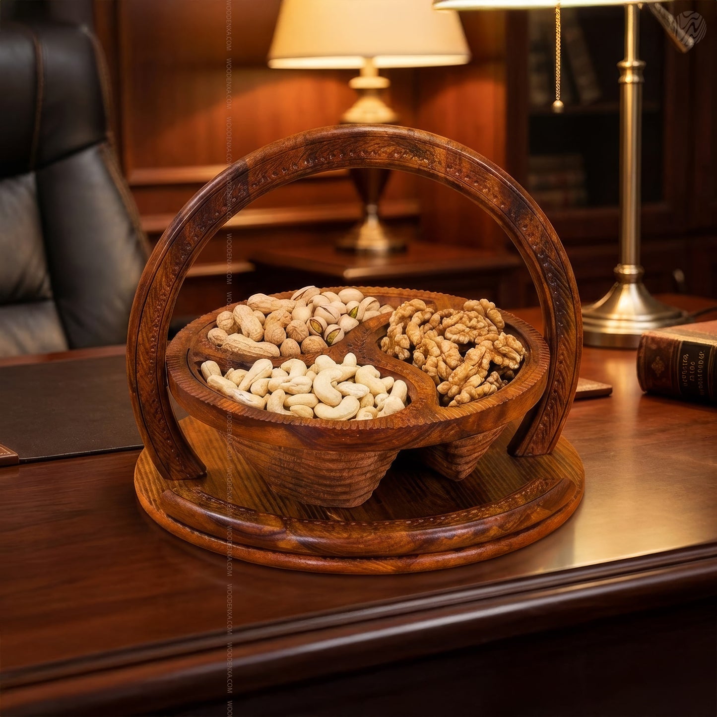 Wooden Handmade Dry Fruit Basket 3 Portion 12 inch | Spring Design by Woodenxa