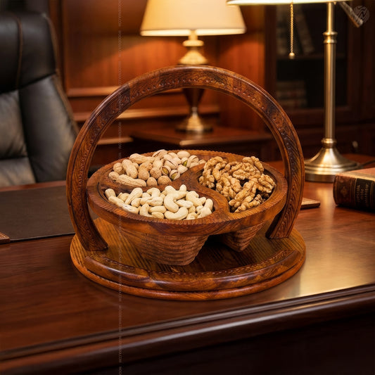 Wooden Handmade Dry Fruit Basket 3 Portion 12 inch | Spring Design by Woodenxa
