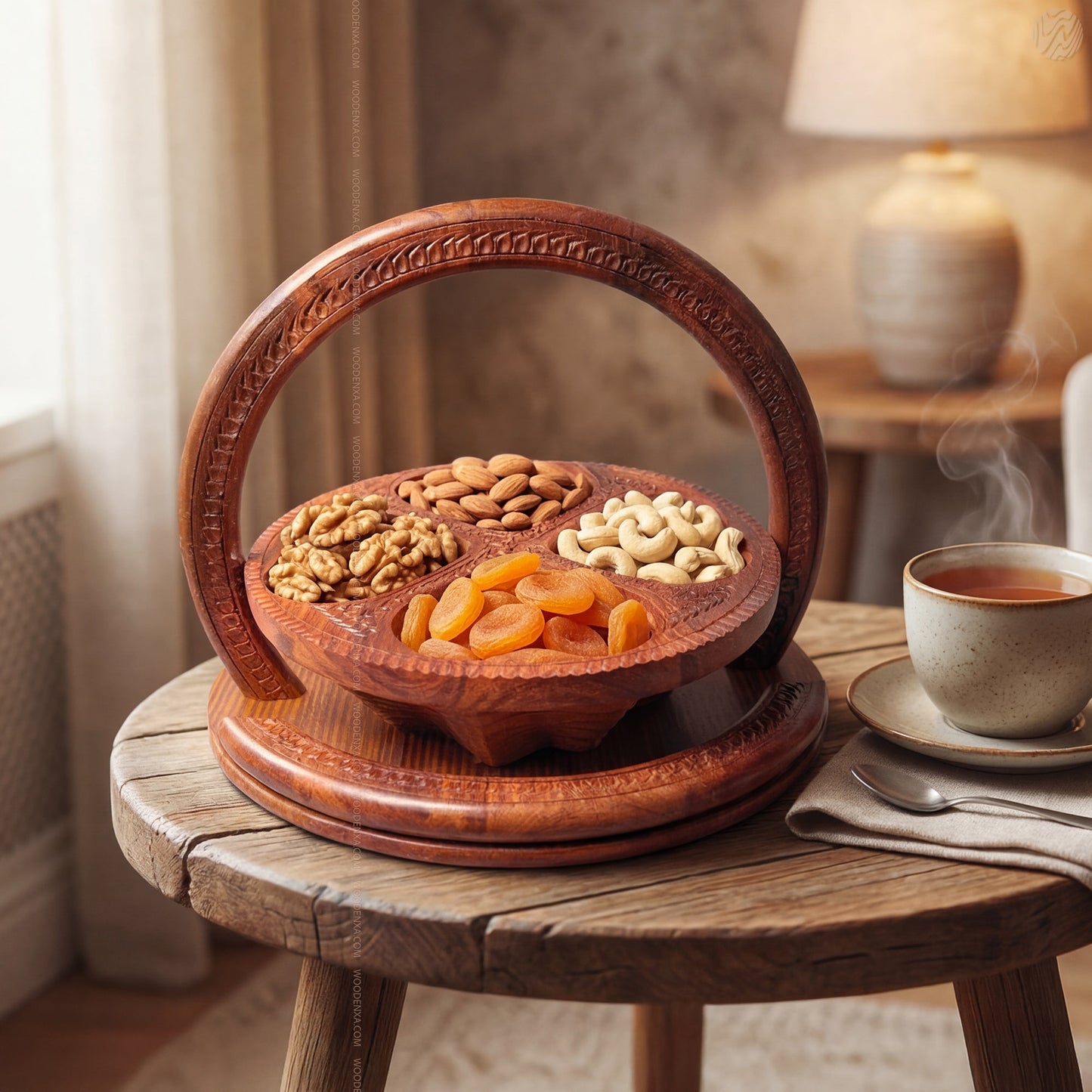 Heart Style Wooden Dry Fruit Basket Tray 12 inch – 4 Section Foldable Handmade Design by Woodenxa