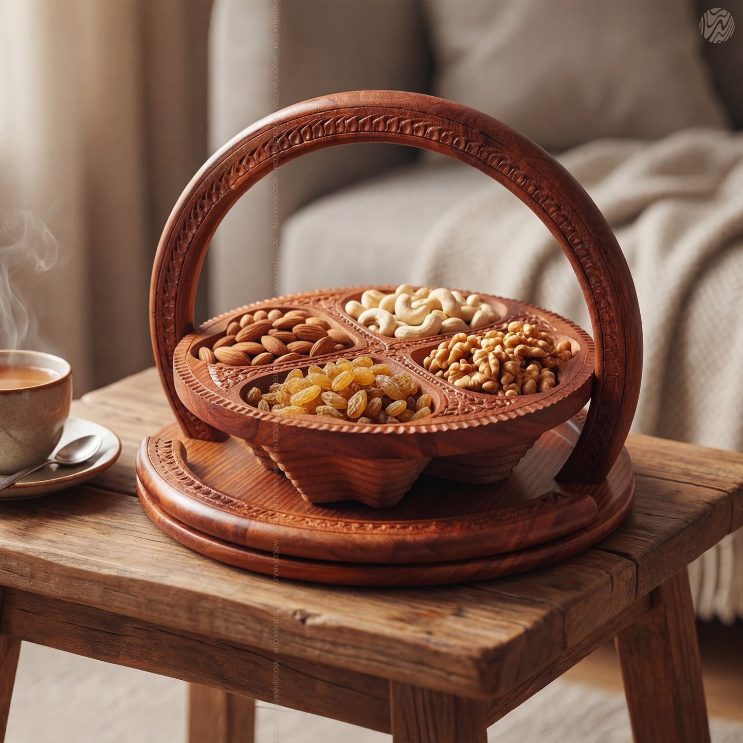 Heart Style Wooden Dry Fruit Basket Tray 12 inch – 4 Section Foldable Handmade Design by Woodenxa