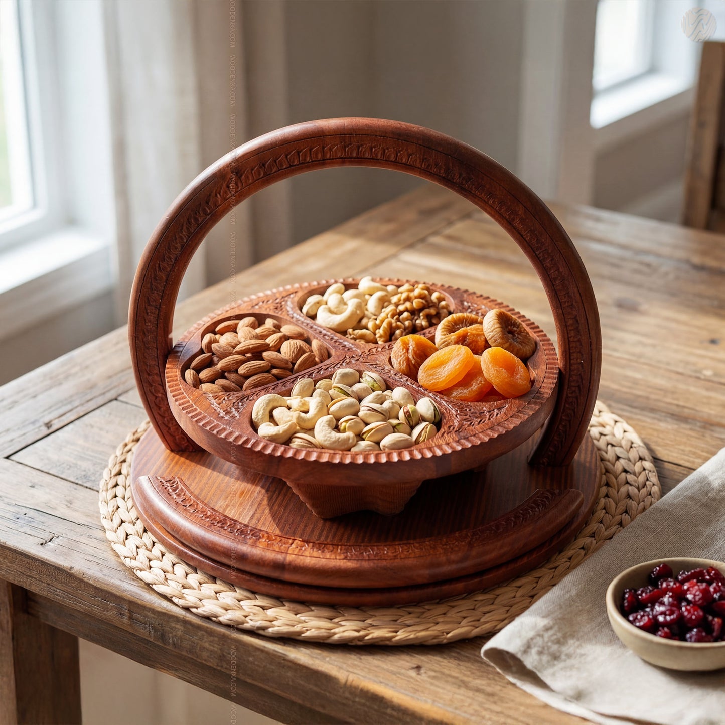 Heart Style Wooden Dry Fruit Basket Tray 12 inch – 4 Section Foldable Handmade Design by Woodenxa