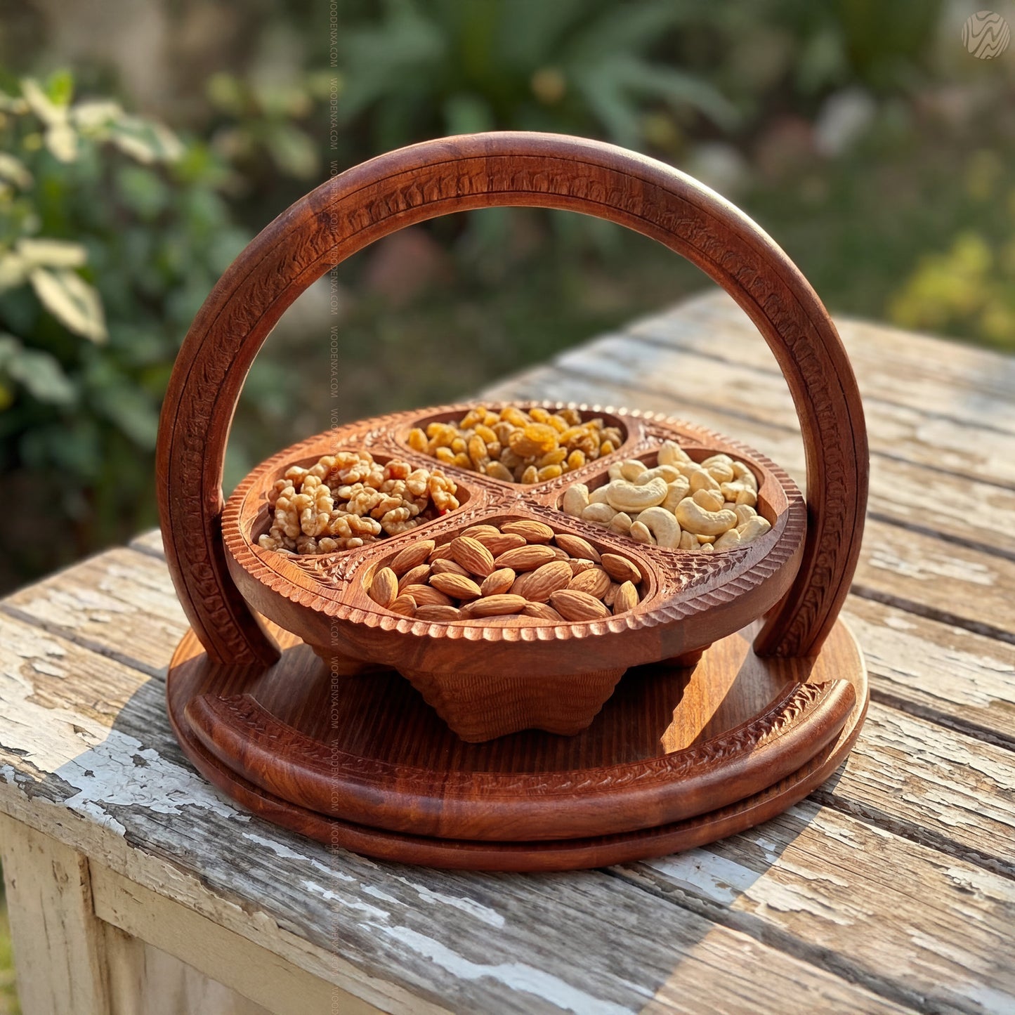 Heart Style Wooden Dry Fruit Basket Tray 12 inch – 4 Section Foldable Handmade Design by Woodenxa
