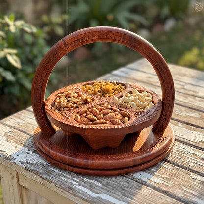 Heart Style Wooden Dry Fruit Basket Tray 12 inch – 4 Section Foldable Handmade Design by Woodenxa