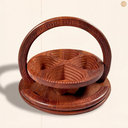 Heart Style Wooden Dry Fruit Basket Tray 12 inch – 4 Section Foldable Handmade Design by Woodenxa