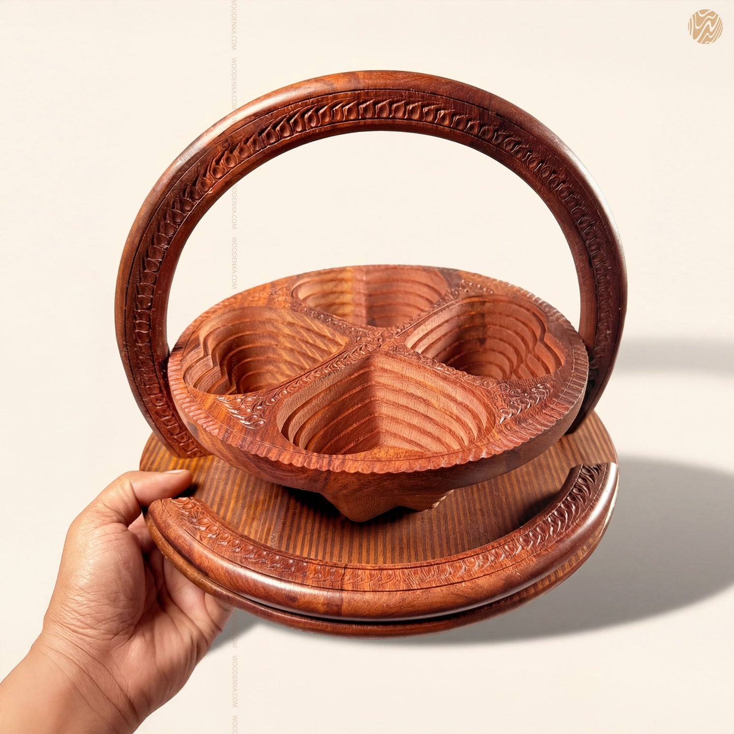 Heart Style Wooden Dry Fruit Basket Tray 12 inch – 4 Section Foldable Handmade Design by Woodenxa