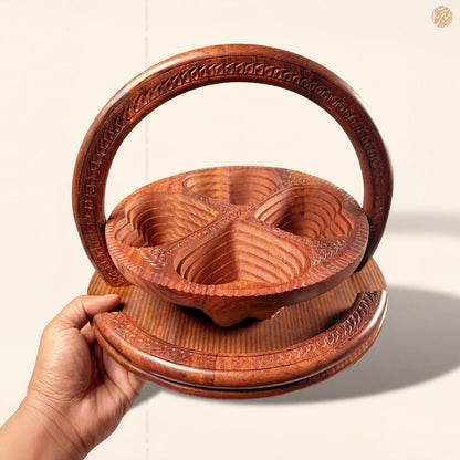 Heart Style Wooden Dry Fruit Basket Tray 12 inch – 4 Section Foldable Handmade Design by Woodenxa