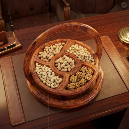 Foldable Handmade Wooden Dry Fruit Basket Tray 14 Inch– 5 Section by Woodenxa