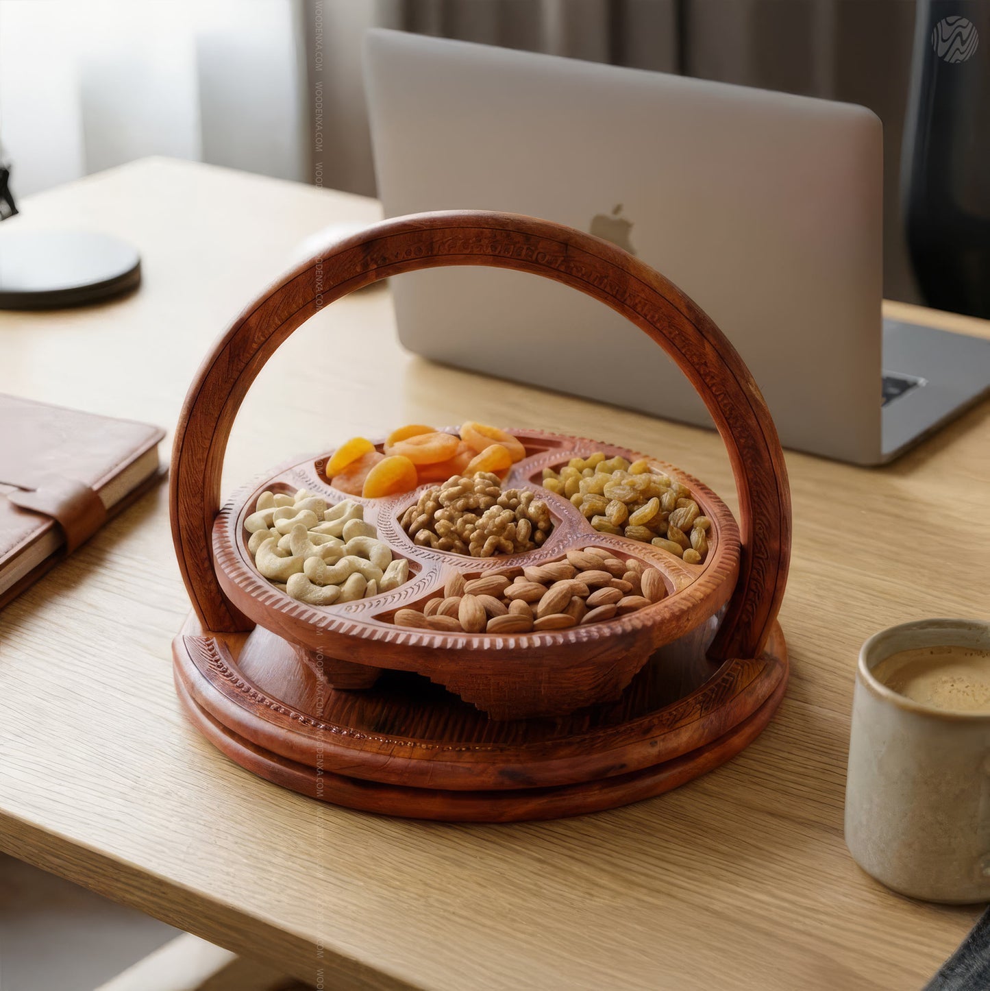 Foldable Handmade Wooden Dry Fruit Basket Tray 14 Inch– 5 Section by Woodenxa