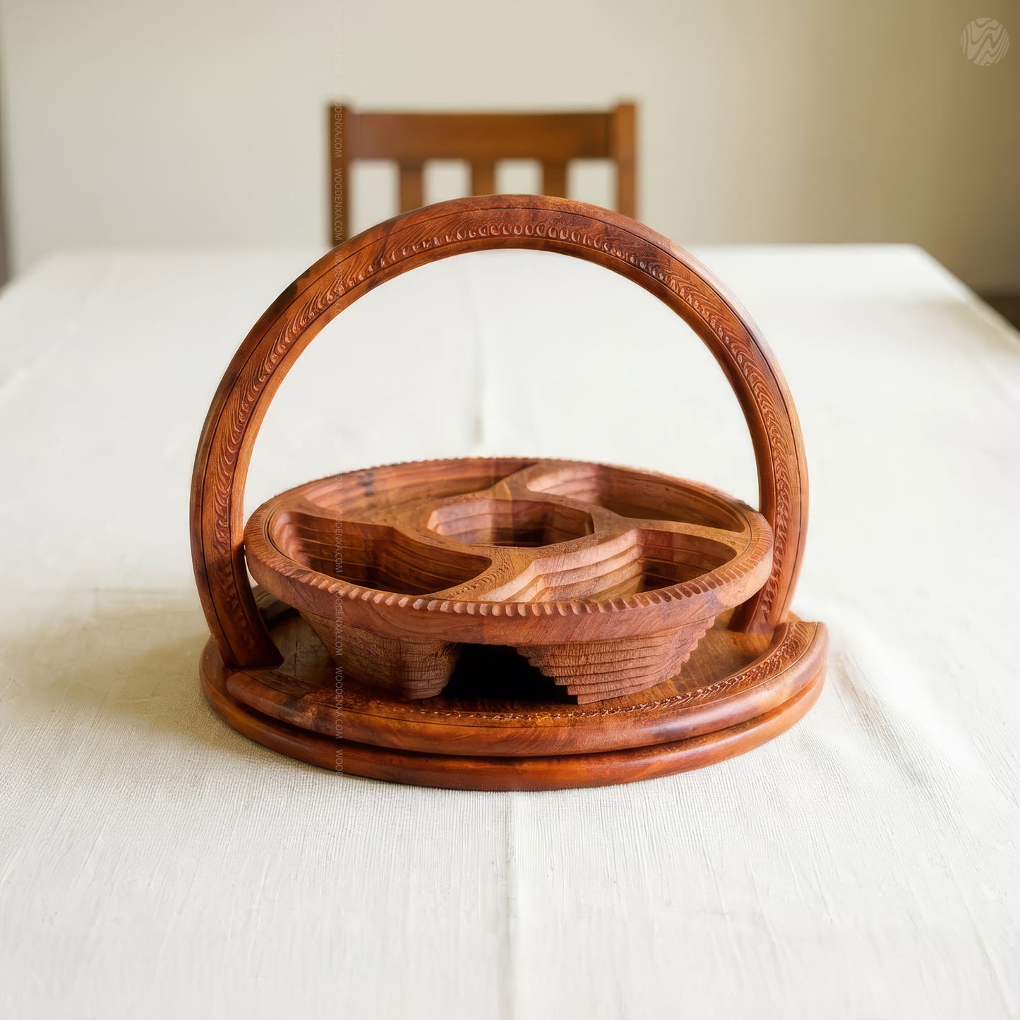 Wooden Handmade Dry Fruit Basket 5 Portions 12 inch | Spring Design by Woodenxa