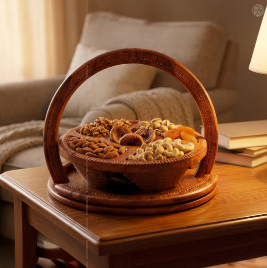 Wooden Handmade Dry Fruit Basket 5 Portions 12 inch | Spring Design by Woodenxa