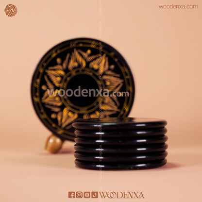 Wooden Handcrafted Tea Mates for 6 Cups – Black & Golden Naqshi Art by Woodenxa