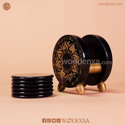 Wooden Handcrafted Tea Mates for 6 Cups – Black & Golden Naqshi Art by Woodenxa