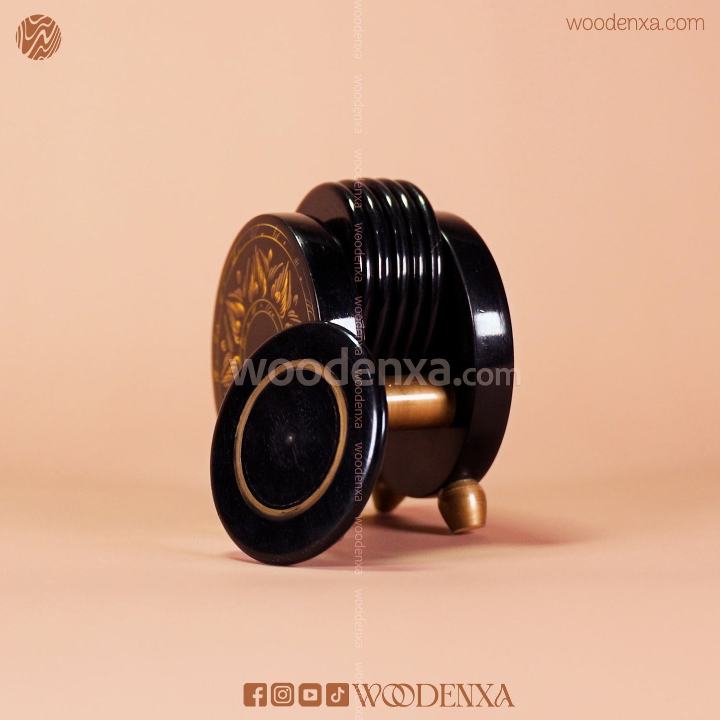 Wooden Handcrafted Tea Mates for 6 Cups – Black & Golden Naqshi Art by Woodenxa