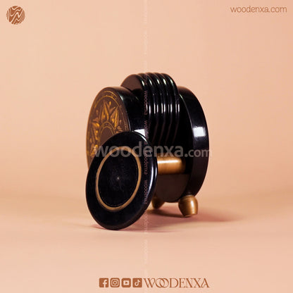 Wooden Handcrafted Tea Mates for 6 Cups – Black & Golden Naqshi Art by Woodenxa