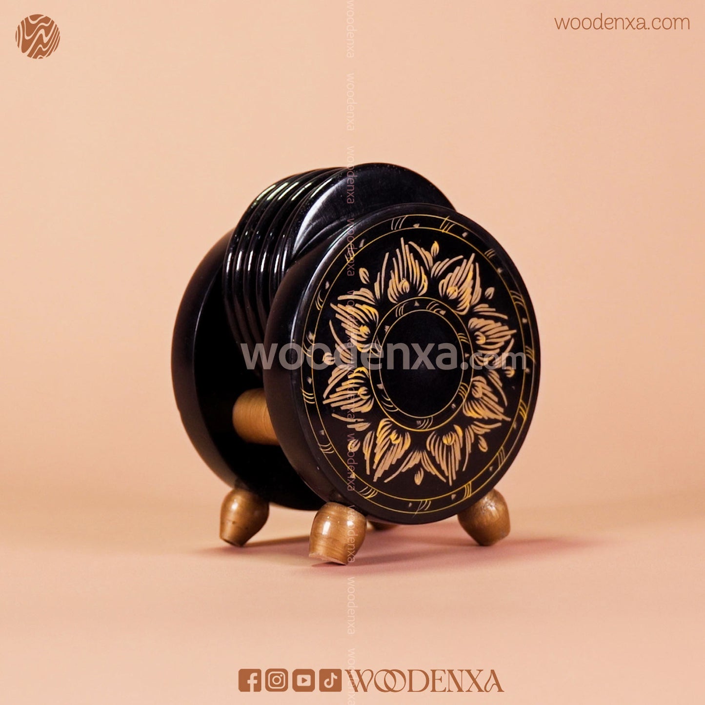 Wooden Handcrafted Tea Mates for 6 Cups – Black & Golden Naqshi Art by Woodenxa