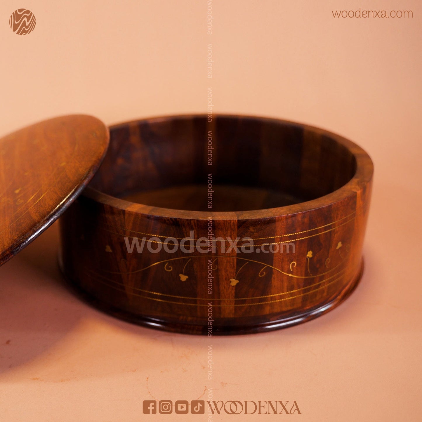 Wooden Hot Pot with Brass Work | Handmade Serving Pot by Woodenxa