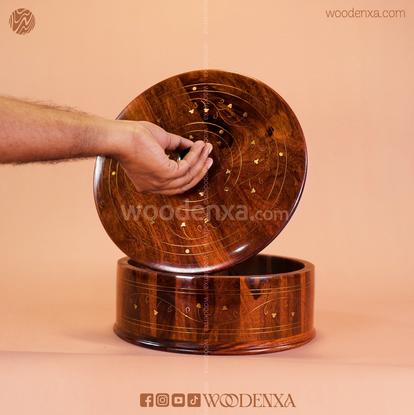 Wooden Hot Pot with Brass Work | Handmade Serving Pot by Woodenxa