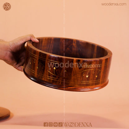 Wooden Hot Pot with Brass Work | Handmade Serving Pot by Woodenxa