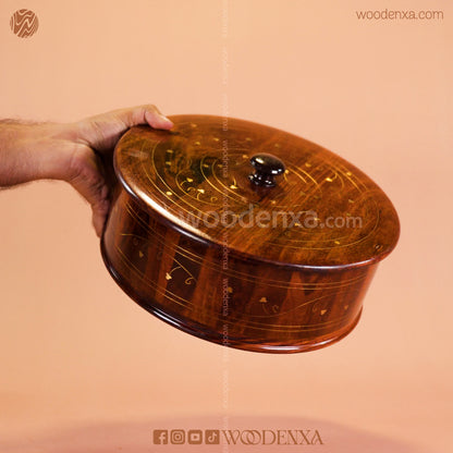 Wooden Hot Pot with Brass Work | Handmade Serving Pot by Woodenxa