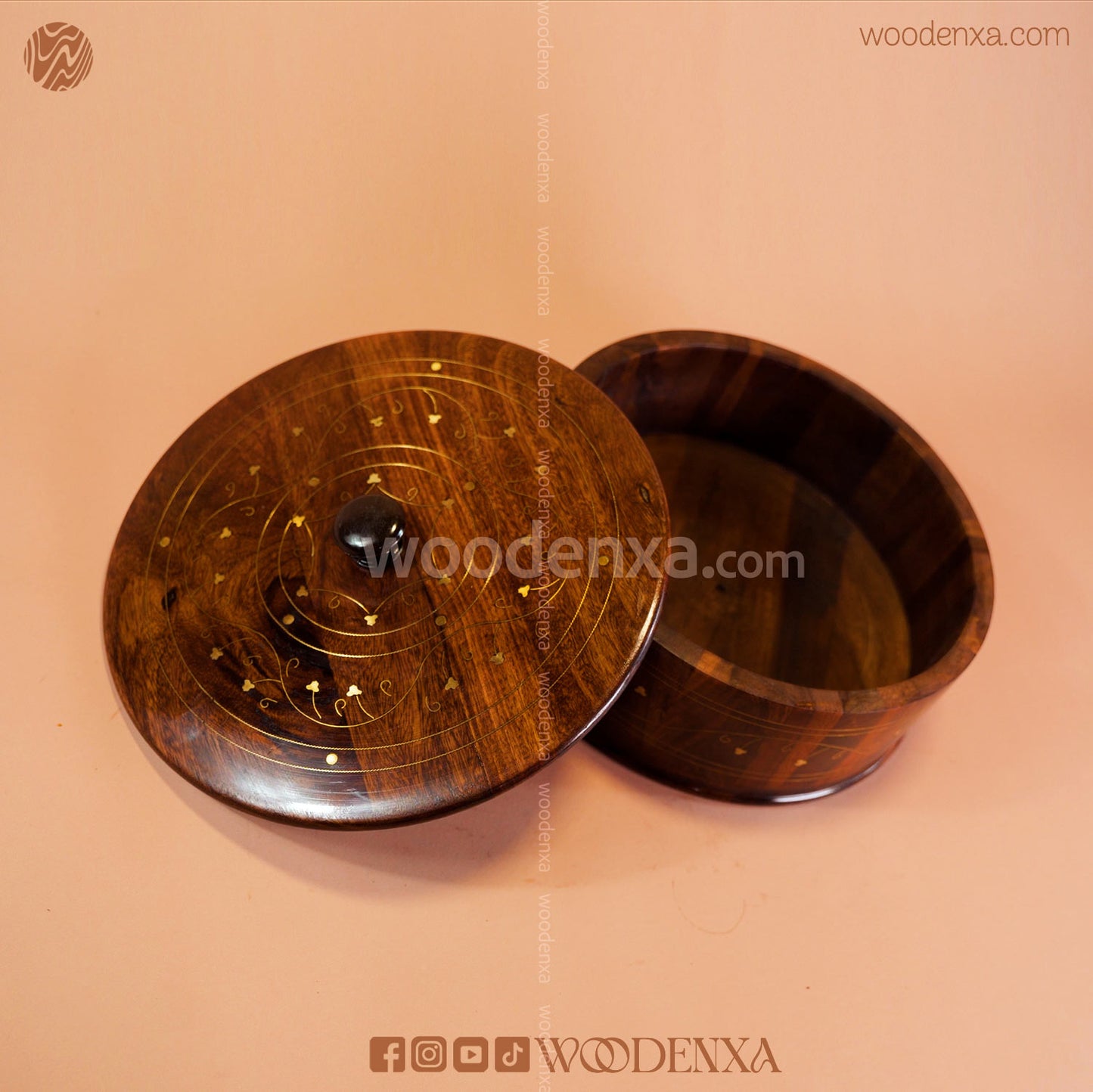 Wooden Hot Pot with Brass Work | Handmade Serving Pot by Woodenxa