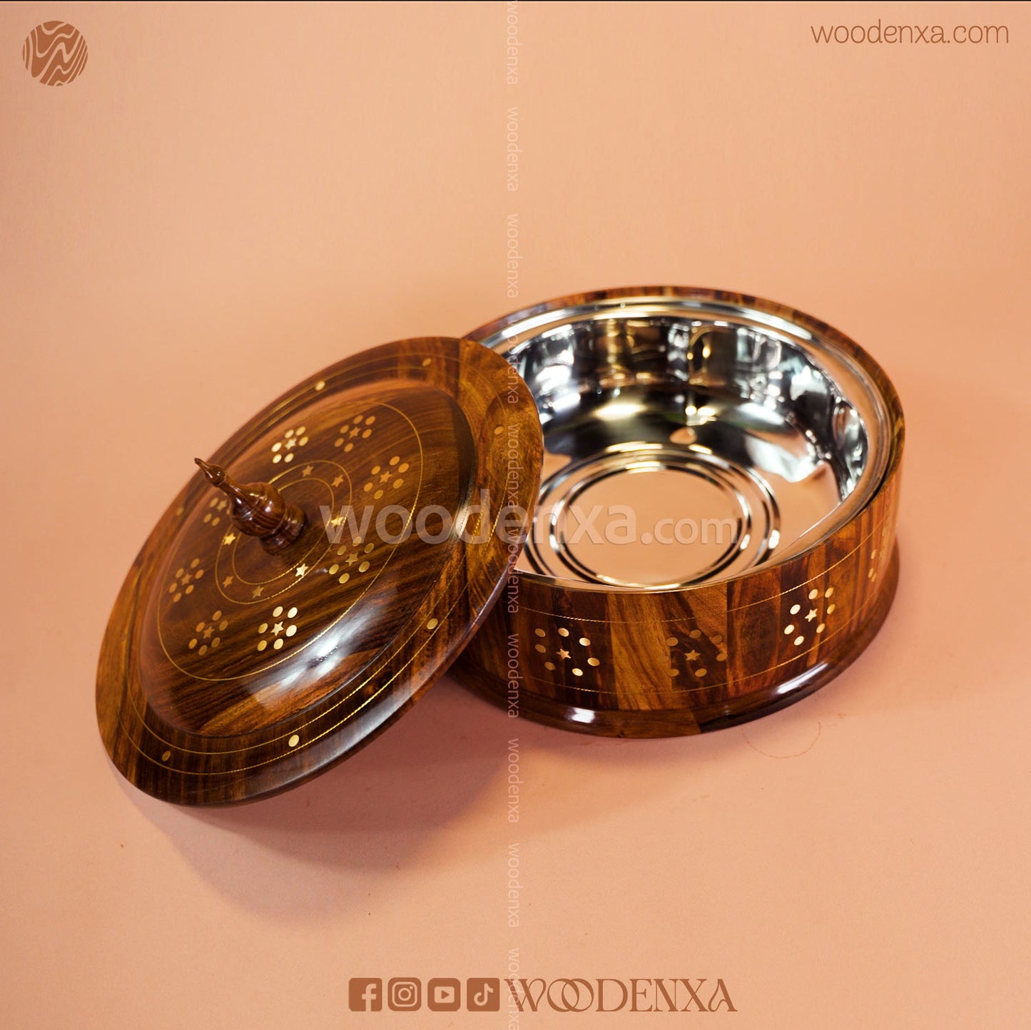 Wooden Hot Pot with Brass Work – Steel Container & Insulated Food Warmer | Woodenxa