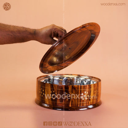 Wooden Hot Pot with Brass Work – Steel Container & Insulated Food Warmer | Woodenxa