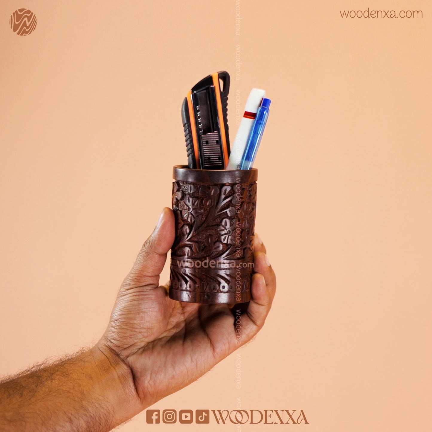 Wooden Multipurpose Pen Stand Holder with Carving | Rosewood by Woodenxa