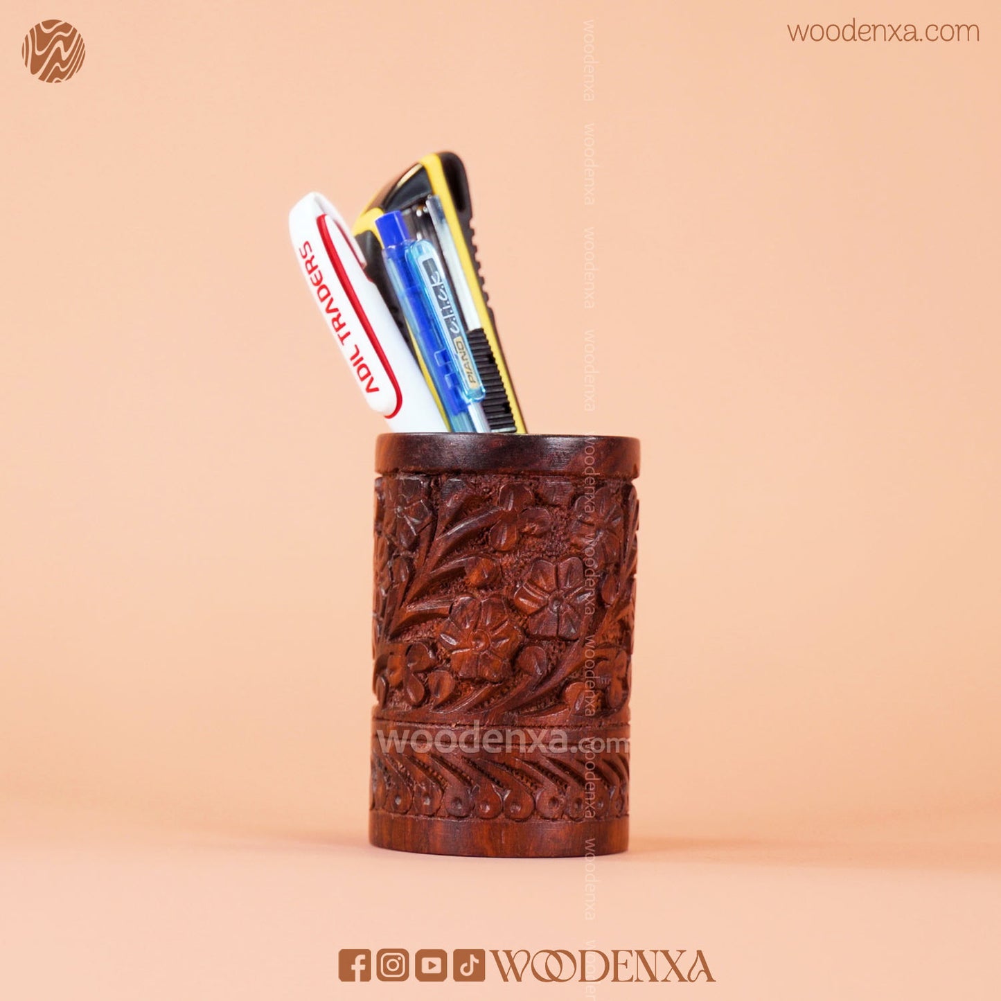 Wooden Multipurpose Pen Stand Holder with Carving | Rosewood by Woodenxa