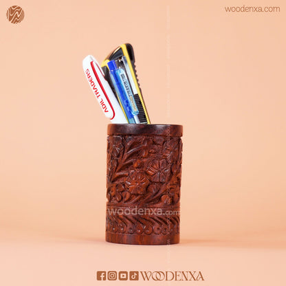 Wooden Multipurpose Pen Stand Holder with Carving | Rosewood by Woodenxa