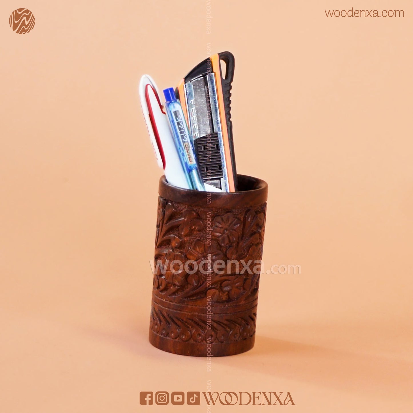 Wooden Multipurpose Pen Stand Holder with Carving | Rosewood by Woodenxa