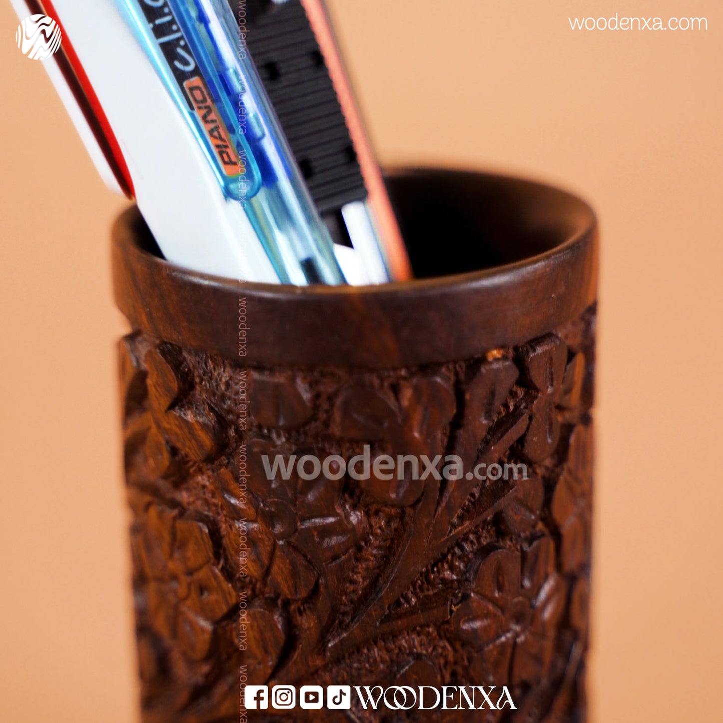 Wooden Multipurpose Pen Stand Holder with Carving | Rosewood by Woodenxa