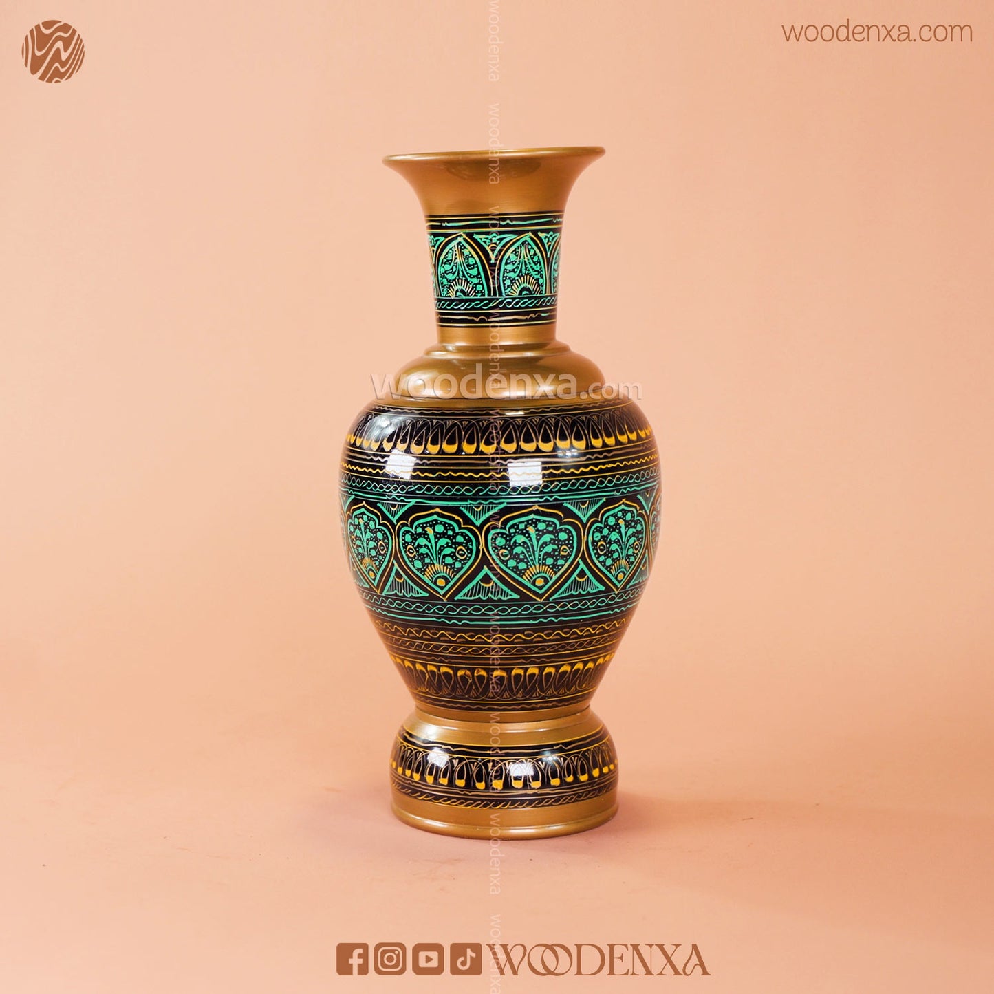 Wooden Naqshi Vase Flower Pot Pair – Green Naqshi Art | Handmade by Woodenxa