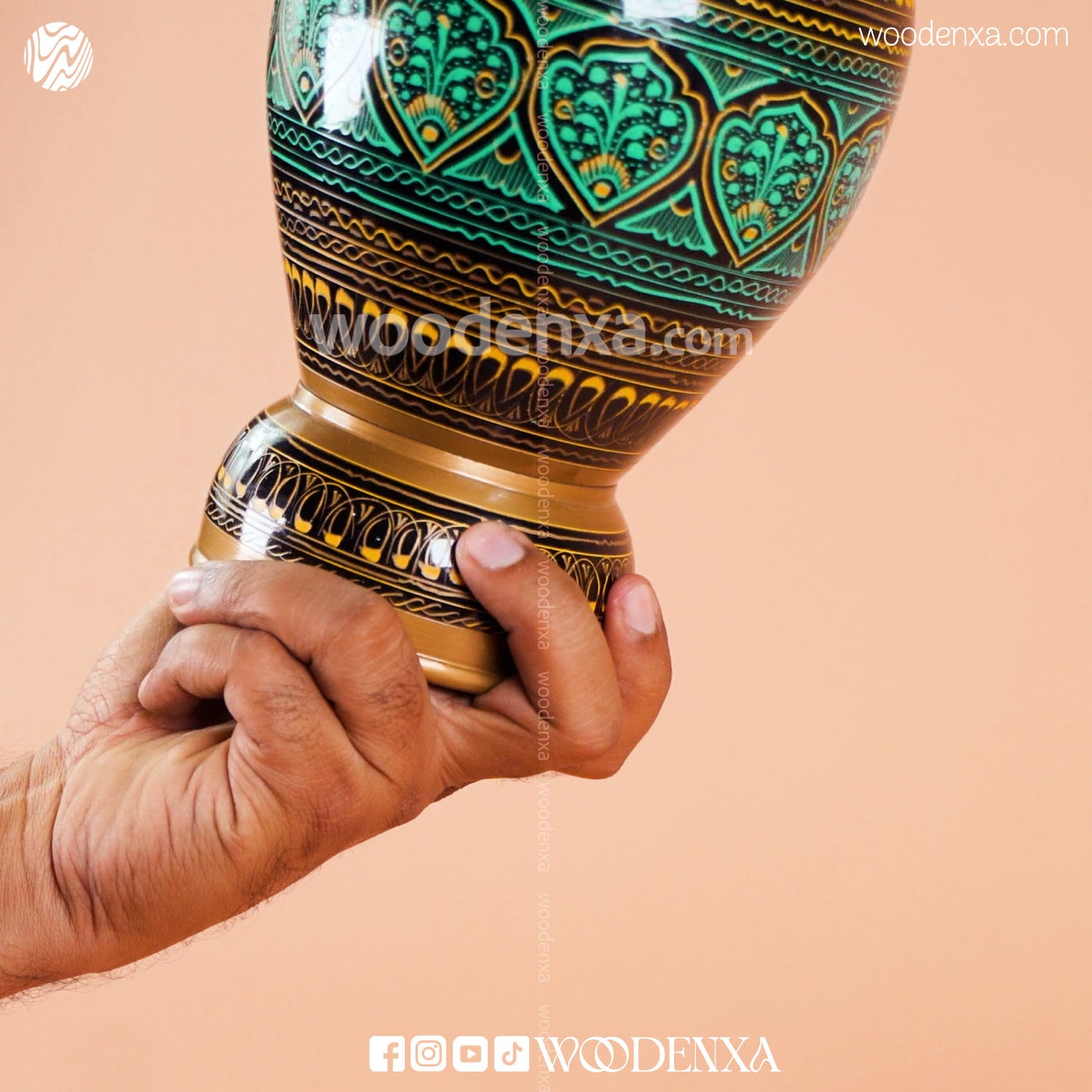 Wooden Naqshi Vase Flower Pot Pair – Green Naqshi Art | Handmade by Woodenxa