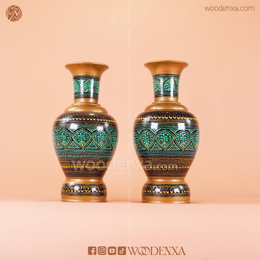 Wooden Naqshi Vase Flower Pot Pair – Green Naqshi Art | Handmade by Woodenxa