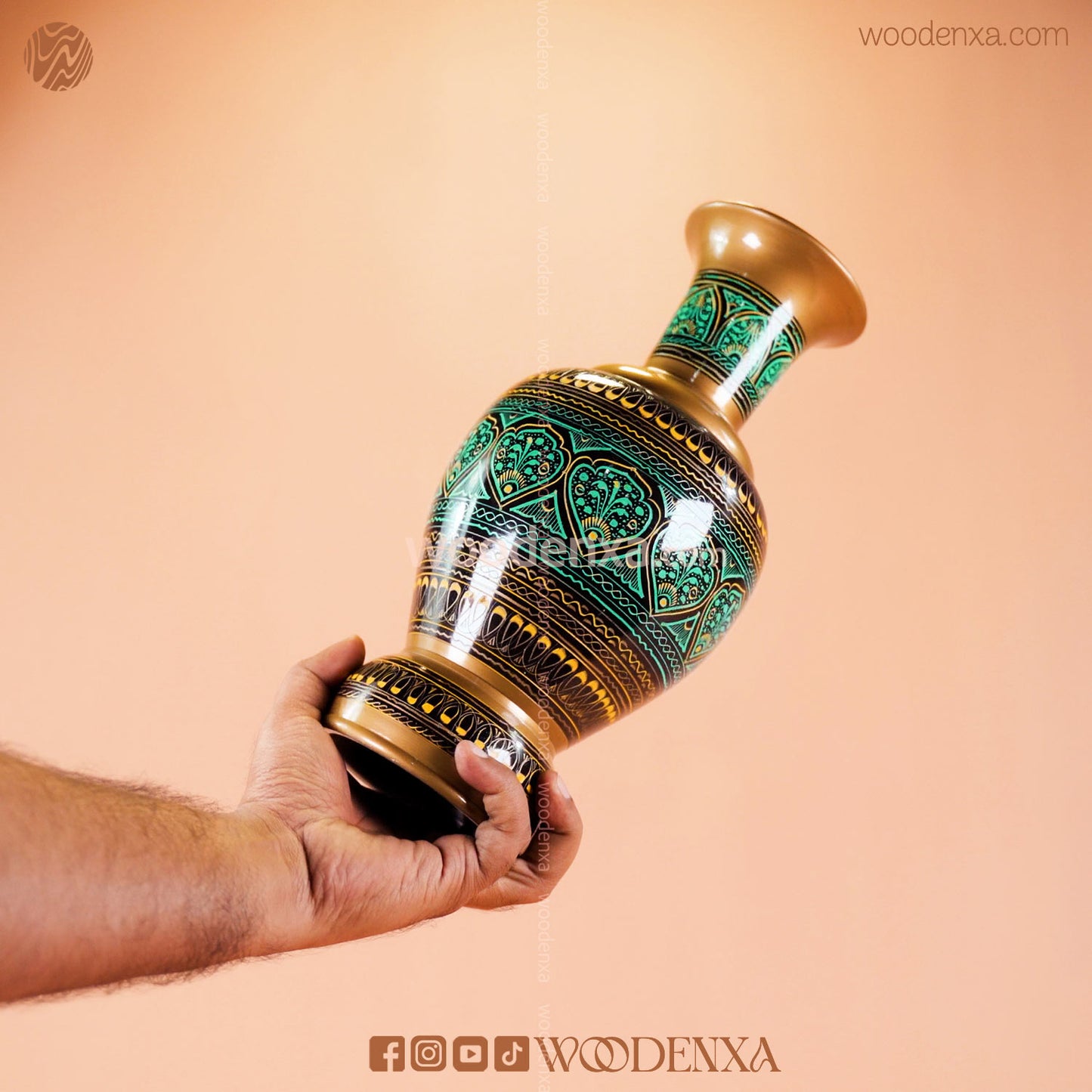 Wooden Naqshi Vase Flower Pot Pair – Green Naqshi Art | Handmade by Woodenxa