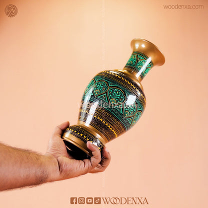 Wooden Naqshi Vase Flower Pot Pair – Green Naqshi Art | Handmade by Woodenxa
