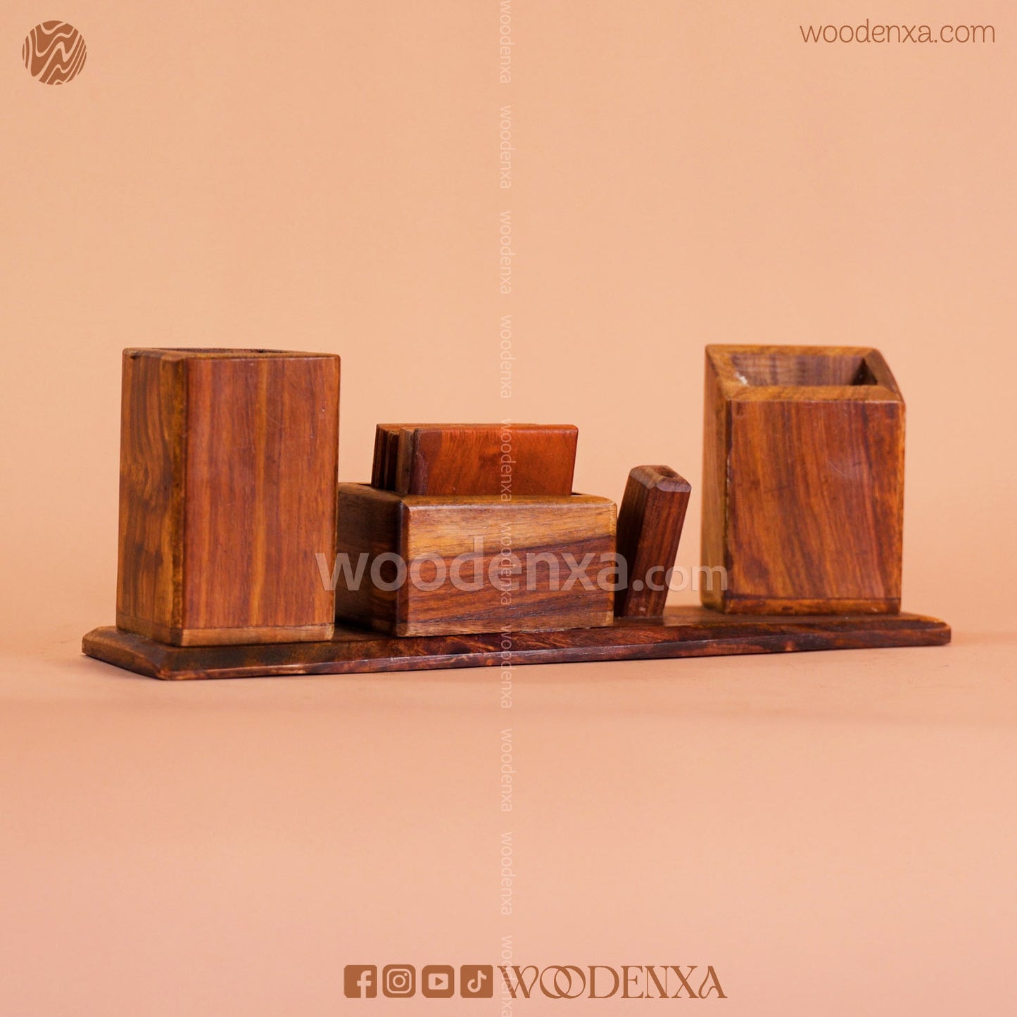 Office Desk Organizer with Pen Holder & 6 Wooden Coasters | Woodenxa
