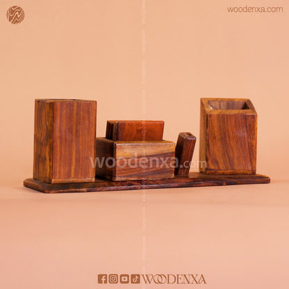 Office Desk Organizer with Pen Holder & 6 Wooden Coasters | Woodenxa