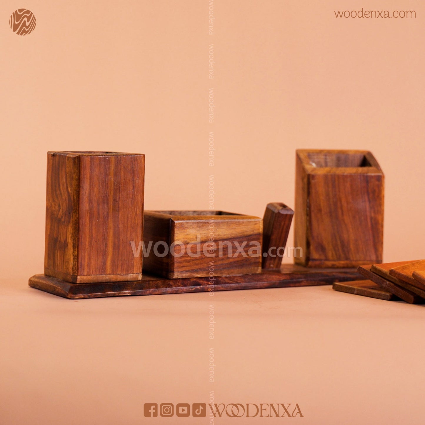 Office Desk Organizer with Pen Holder & 6 Wooden Coasters | Woodenxa