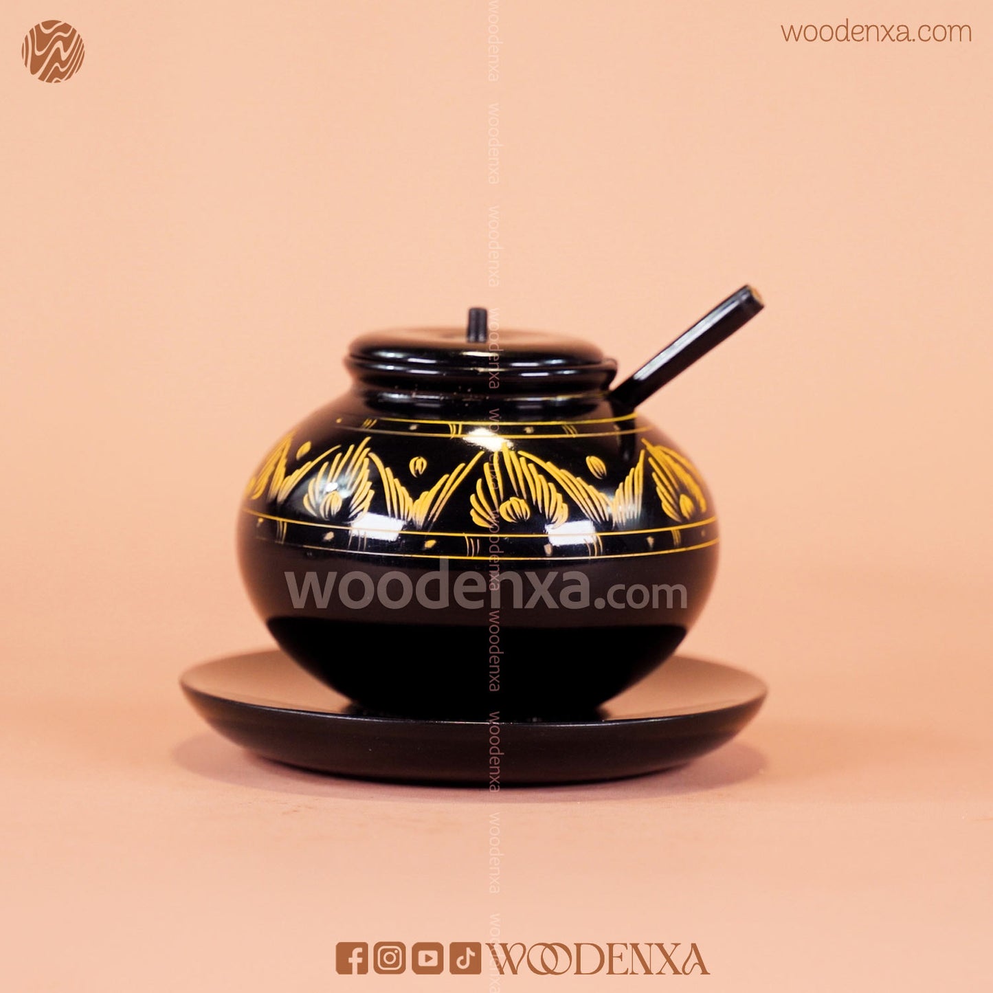 Wooden Sugar Pot Black with Fancy Spoon – Hand-Painted Golden Naqshi Art | Woodenxa