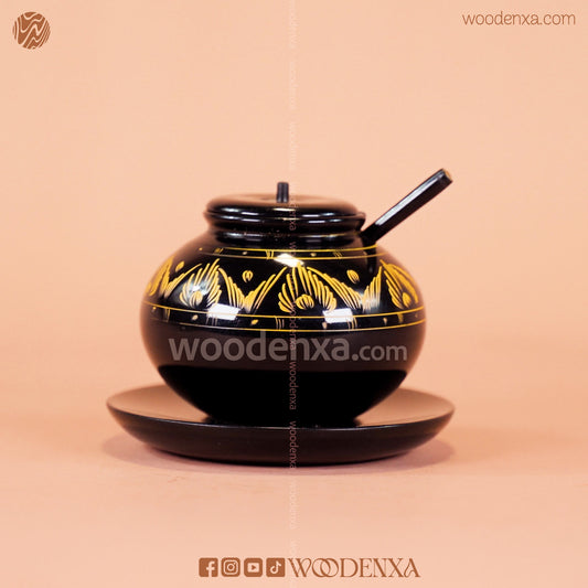 Wooden Sugar Pot Black with Fancy Spoon – Hand-Painted Golden Naqshi Art | Woodenxa
