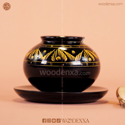 Wooden Sugar Pot Black with Fancy Spoon – Hand-Painted Golden Naqshi Art | Woodenxa