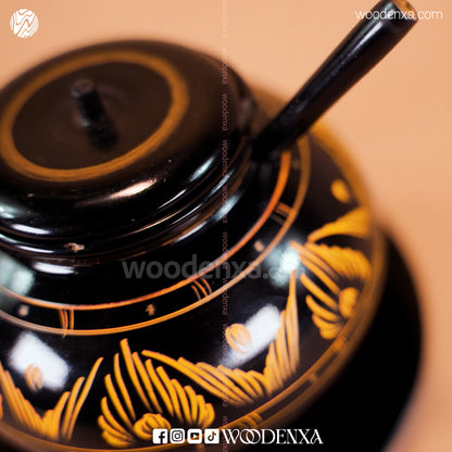 Wooden Sugar Pot Black with Fancy Spoon – Hand-Painted Golden Naqshi Art | Woodenxa