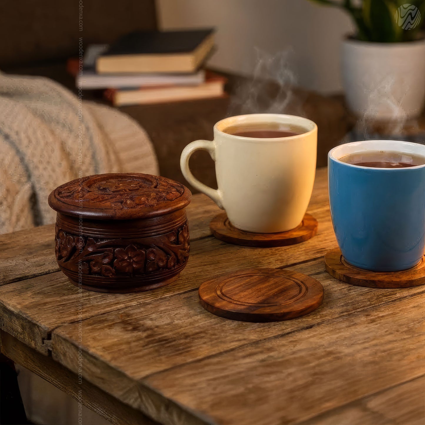 Wooden Handcrafted Tea Mates for 6 Cups – Carving Design | Woodenxa