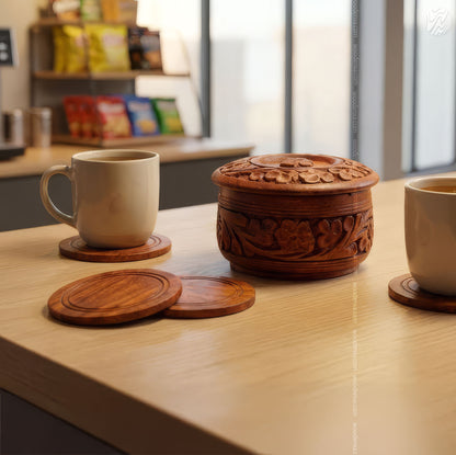 Wooden Handcrafted Tea Mates for 6 Cups – Carving Design | Woodenxa