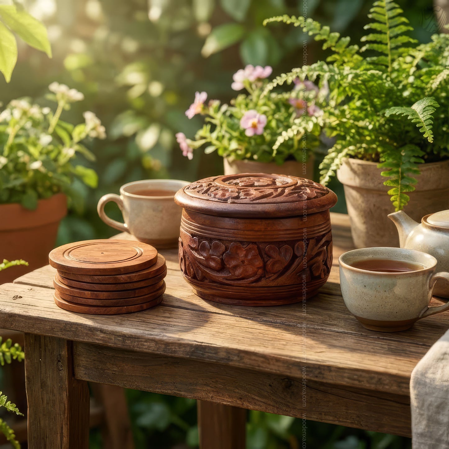 Wooden Handcrafted Tea Mates for 6 Cups – Carving Design | Woodenxa