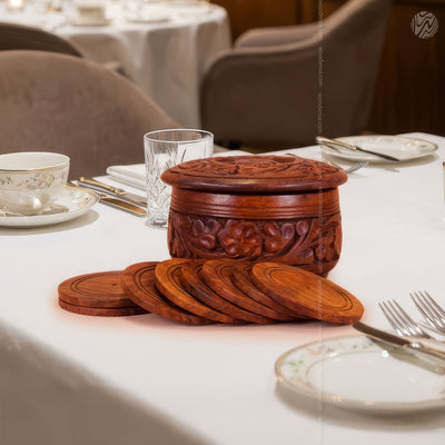 Wooden Handcrafted Tea Mates for 6 Cups – Carving Design | Woodenxa