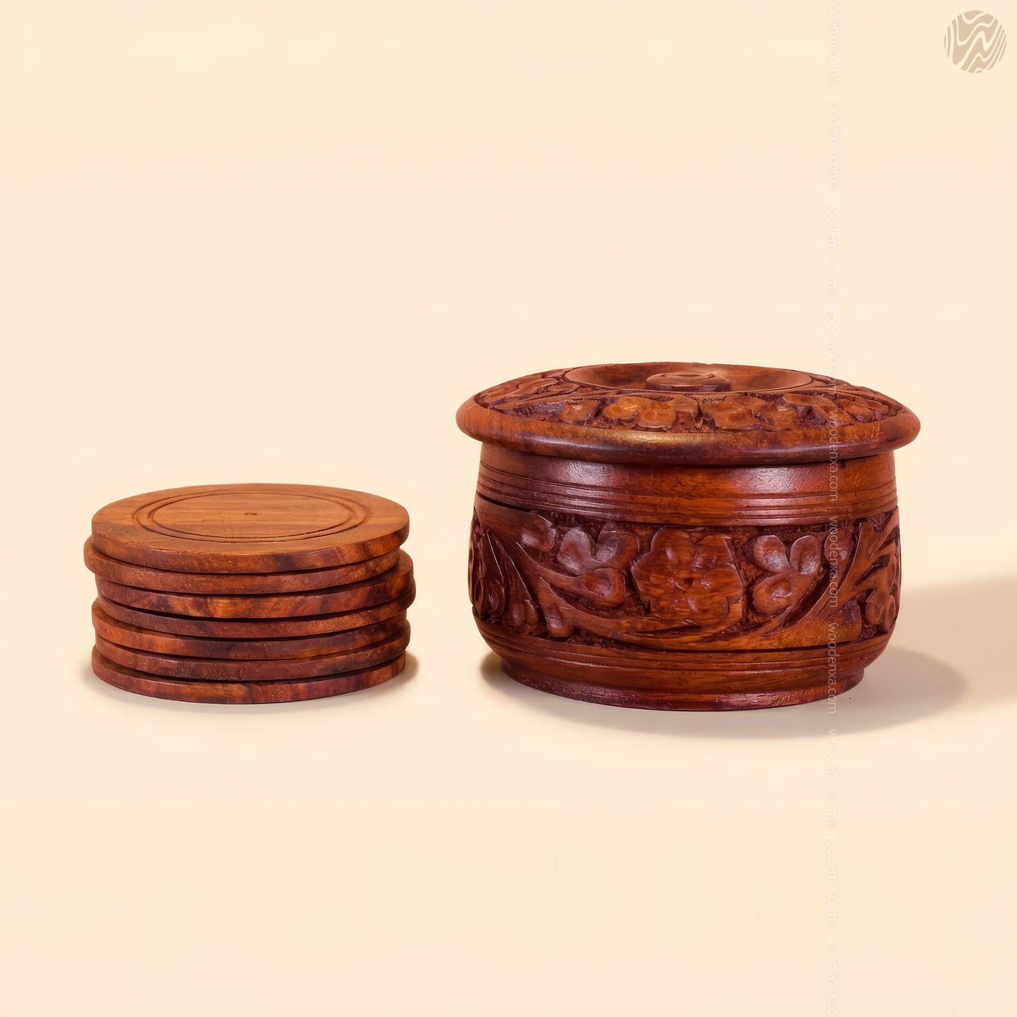 Wooden Handcrafted Tea Mates for 6 Cups – Carving Design | Woodenxa