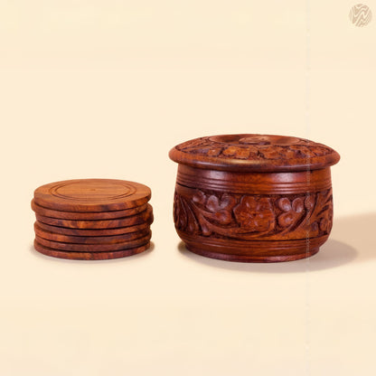 Wooden Handcrafted Tea Mates for 6 Cups – Carving Design | Woodenxa