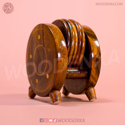 Wooden Tea Time Set: Handcrafted Tea Mate (6 Cups) + Coaster Set with Holder